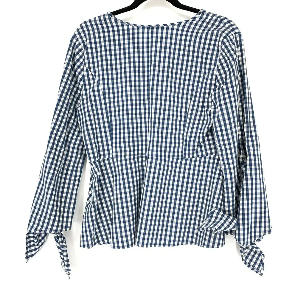 J. Crew Top X Universal Standard Sz M Gingham Tie Sleeve Blouse Blue White